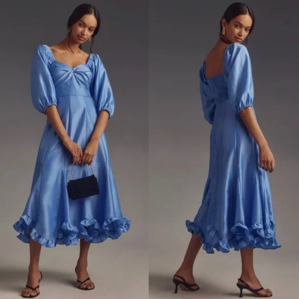Anthropologie Hutch Twist Front Puff Sleeve Ruffle Hem Dress